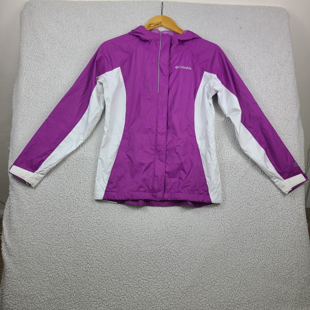 Columbia Girls Omni-Tech Waterproof Rain Jacket Purple White Hooded Sz L 14/16